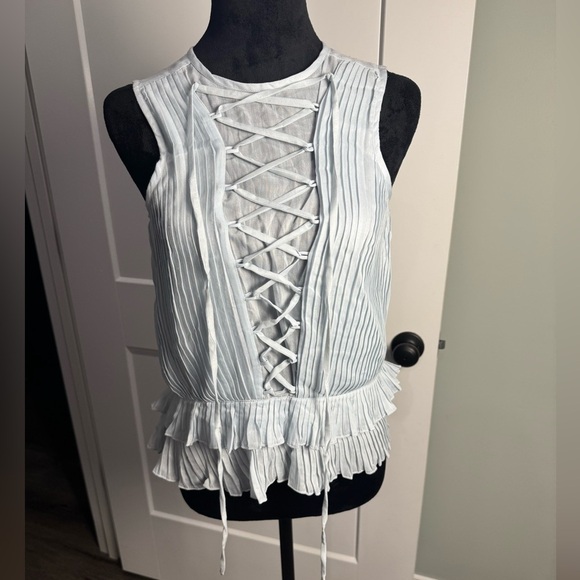 REISS Florrie Eyelet Detailed Sleeveless Blouse ruffled high low pleated tie - Picture 3 of 10